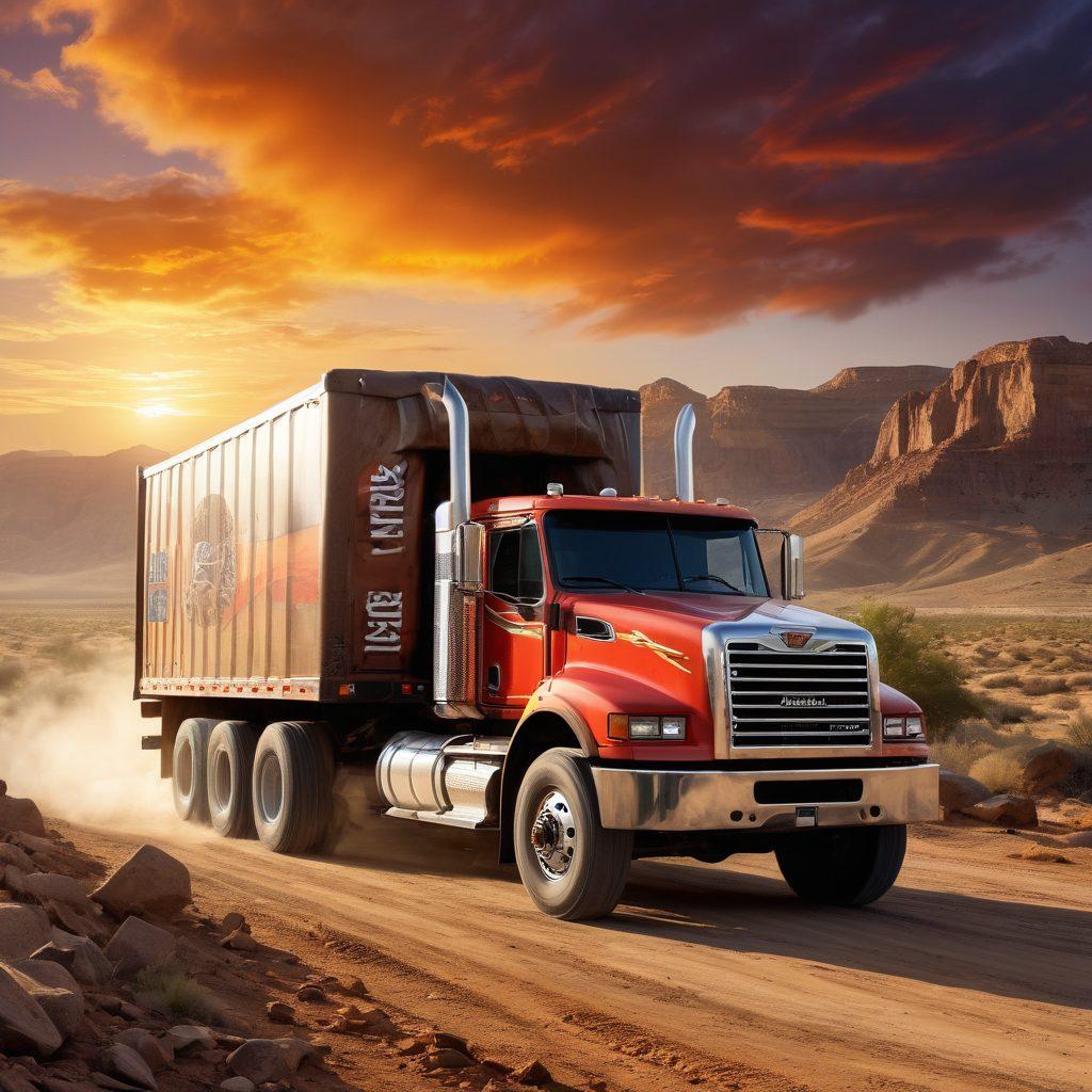 A rugged rebel truck driver confidently navigating through rough terrain, showcasing a dynamic freight hauling scene. The truck is adorned with bold graphics and personalized decals, symbolizing freedom and adventure. In the background, a dramatic sunset casts vibrant colors over the landscape, while various freight cargo items are stacked strategically around the truck. Add a hint of dust being kicked up behind the truck to emphasize movement. super-realistic. vibrant colors. dynamic composition.