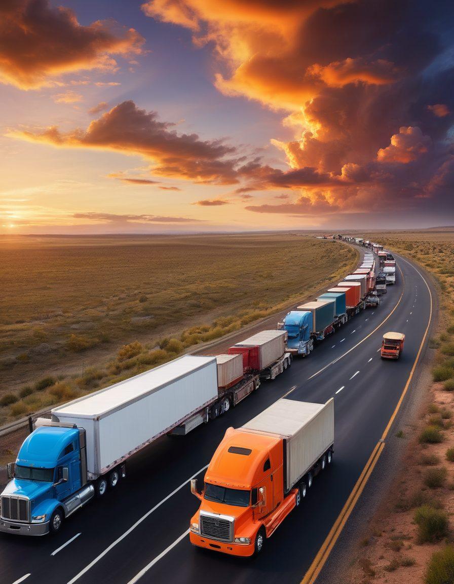 A panoramic view of an open highway stretching into the horizon, dotted with big rigs and vintage trucks, showcasing diverse truckers in vibrant attire, engaging in their daily routines. Include a sunset sky with dramatic clouds, emphasizing freedom and adventure. In the foreground, feature a coffee cup and a map to signify planning the journey. super-realistic. vibrant colors. expansive landscape.