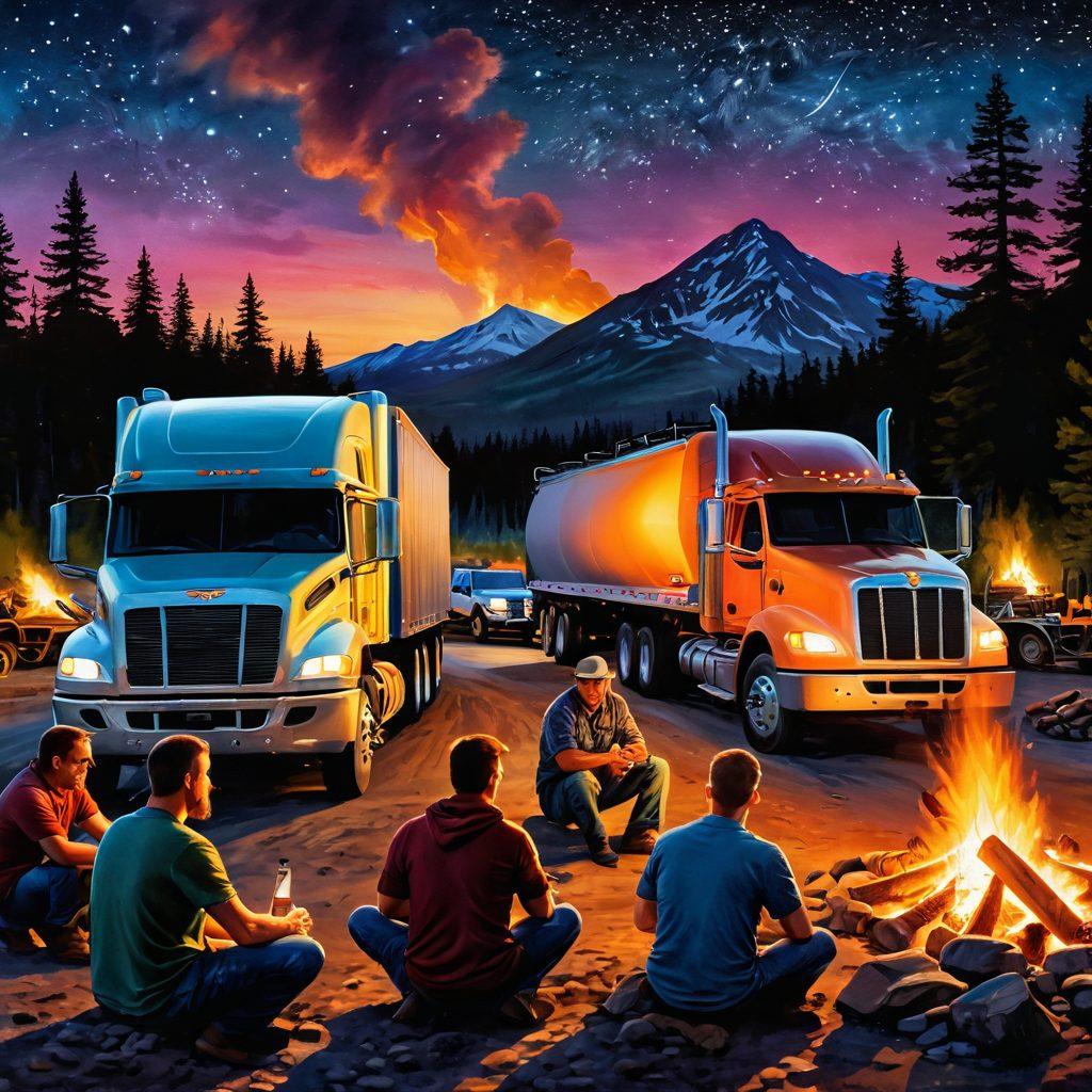A dynamic scene showcasing a diverse group of truckers sharing stories around a roaring campfire at dusk, with various trucks in the background, glowing under starry skies. Include elements of cargo management, like charts and maps spread out on a table, emphasizing teamwork and adventure. Capture the camaraderie and excitement of life on the road. vibrant colors. painting.